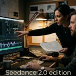 Video Prompt Master 5000 V2.0 Seedance 2.0 Edition - movie director reviewing film editing interface with Seedance 2.0 on screen while collaborator discusses the script
