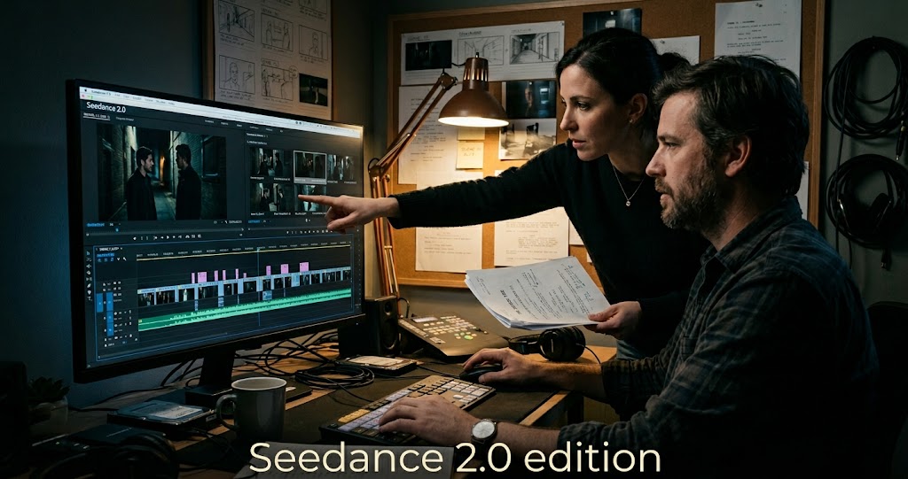 Video Prompt Master 5000 V2.0 Seedance 2.0 Edition - movie director reviewing film editing interface with Seedance 2.0 on screen while collaborator discusses the script