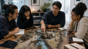 Game master and players studying tactical routes across a detailed tabletop map