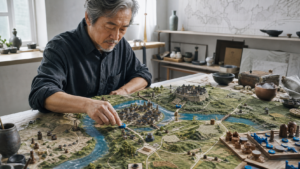 Worldbuilder arranging cities, roads, rivers, and power centers on a detailed model
